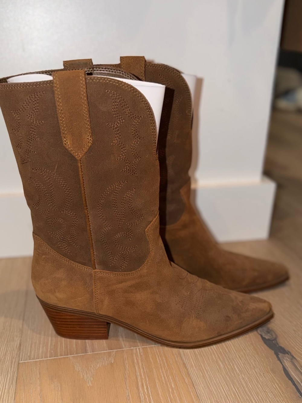 Women’s Suede Leather Western Ankle Cowboy Boots - Brown Nine West